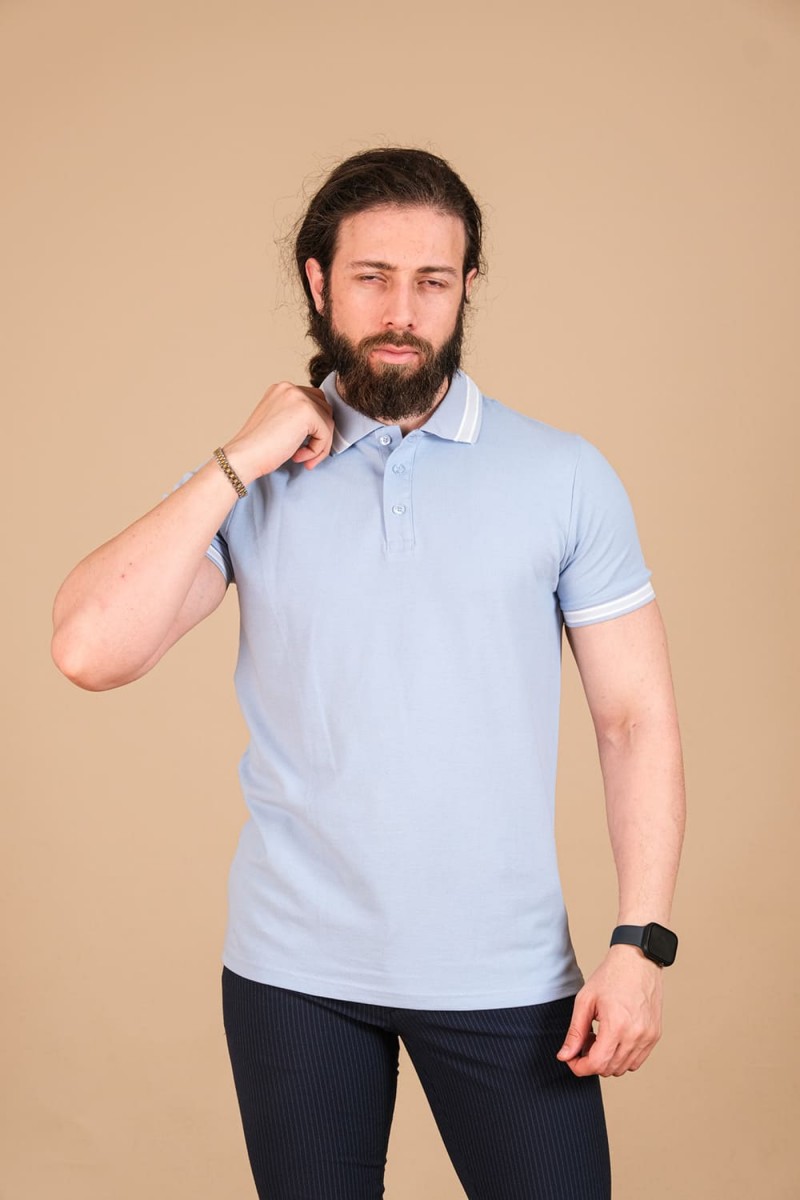 Pamuk Pike Örgü Polo Yaka T-Shirt Bebek Mavisi