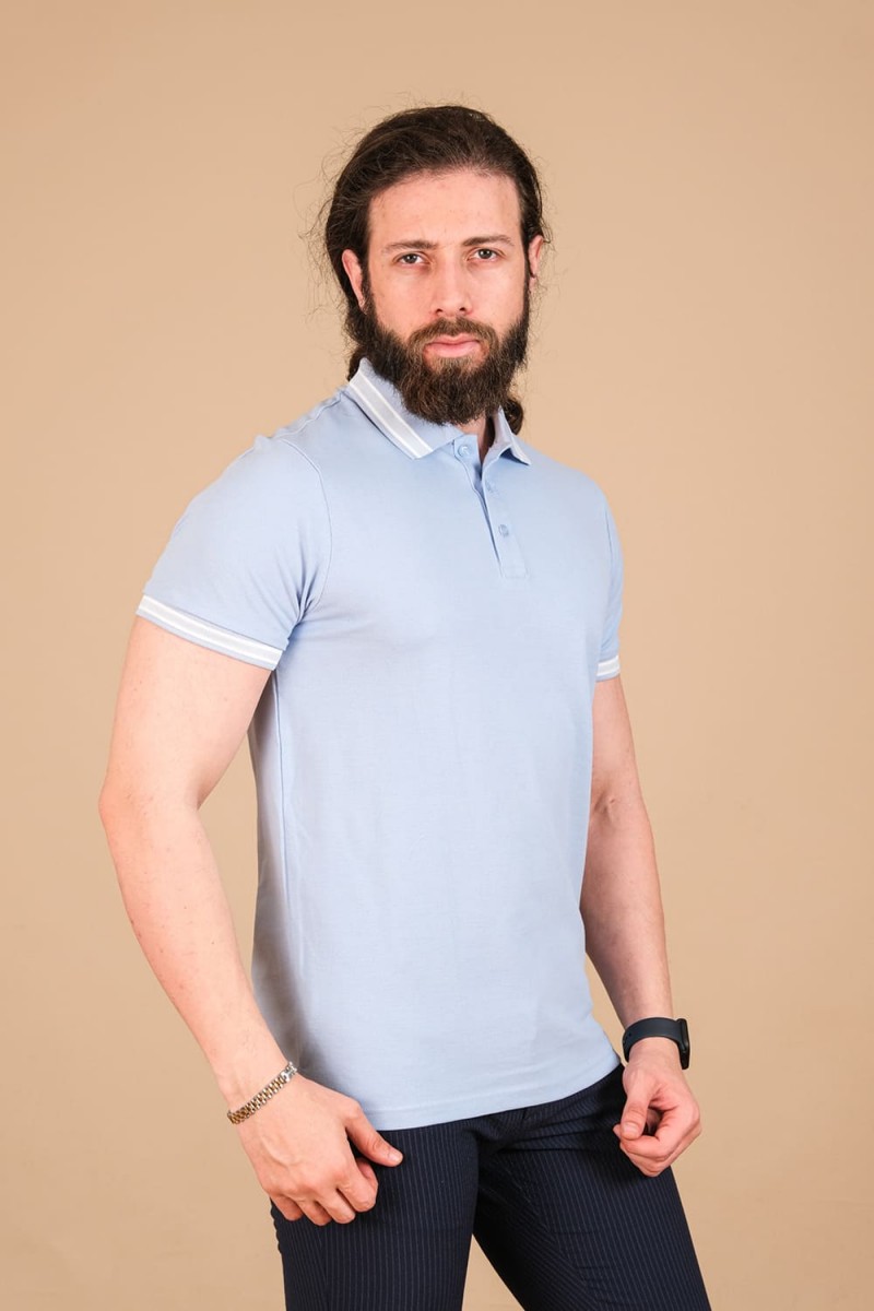 Pamuk Pike Örgü Polo Yaka T-Shirt Bebek Mavisi