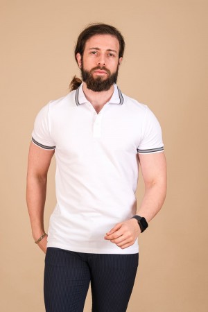 Pamuk Pike Örgü Polo Yaka T-Shirt Beyaz