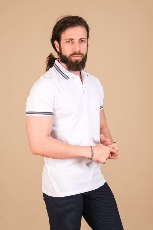 Pamuk Pike Örgü Polo Yaka T-Shirt Beyaz