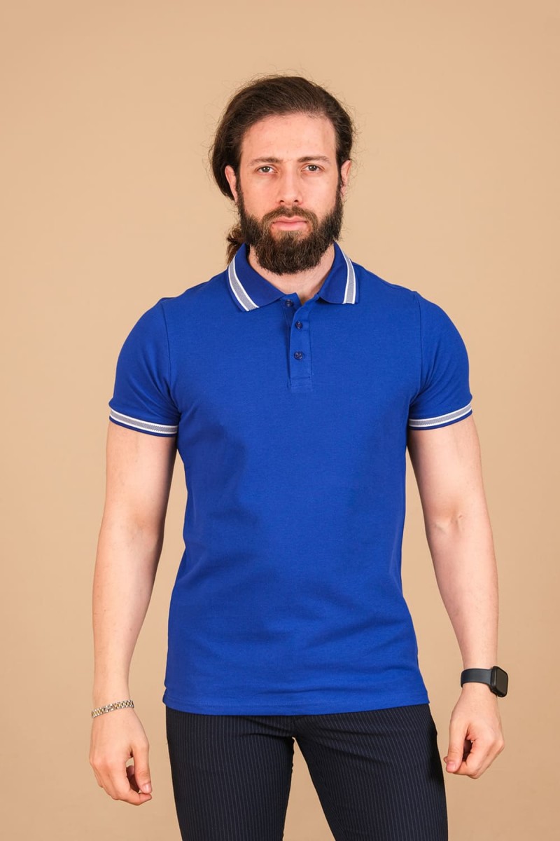 Pamuk Pike Örgü Polo Yaka T-Shirt Saks Mavisi