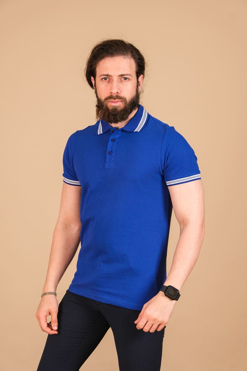 Pamuk Pike Örgü Polo Yaka T-Shirt Saks Mavisi