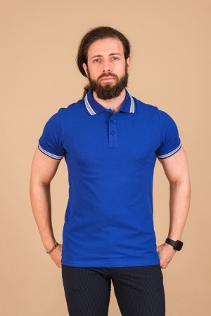 Pamuk Pike Örgü Polo Yaka T-Shirt Saks Mavisi